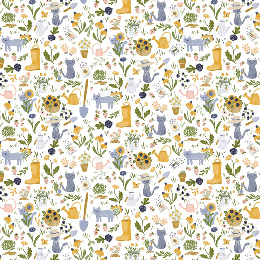 Whimsical watercolor fabric pattern with white and calico cats playing among purple, blue, and coral wildflowers on a white background.