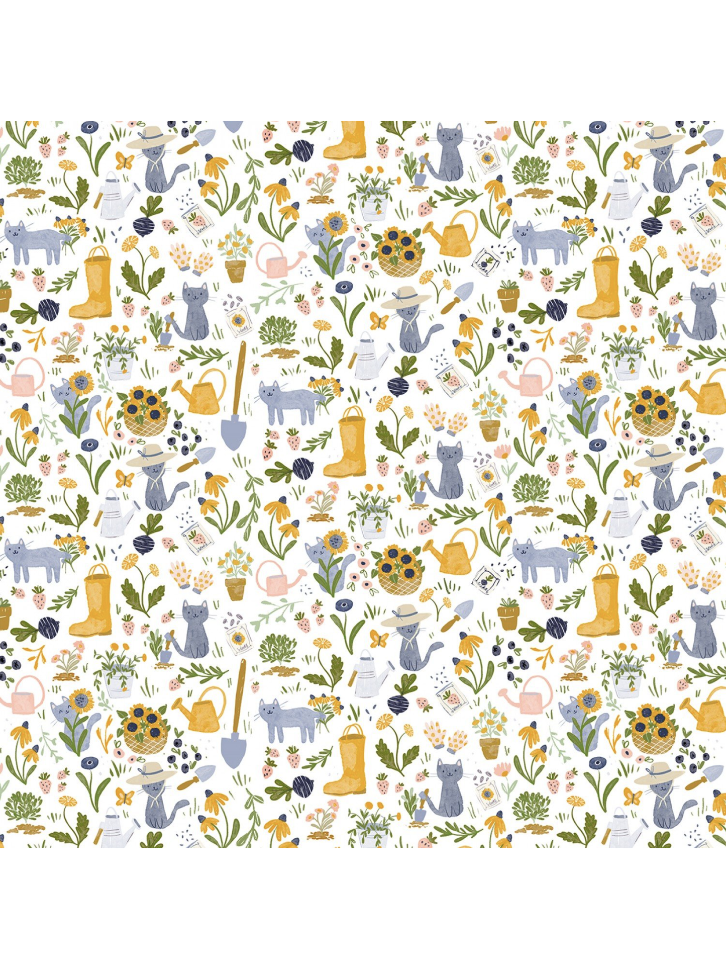 Whimsical watercolor fabric pattern with white and calico cats playing among purple, blue, and coral wildflowers on a white background.