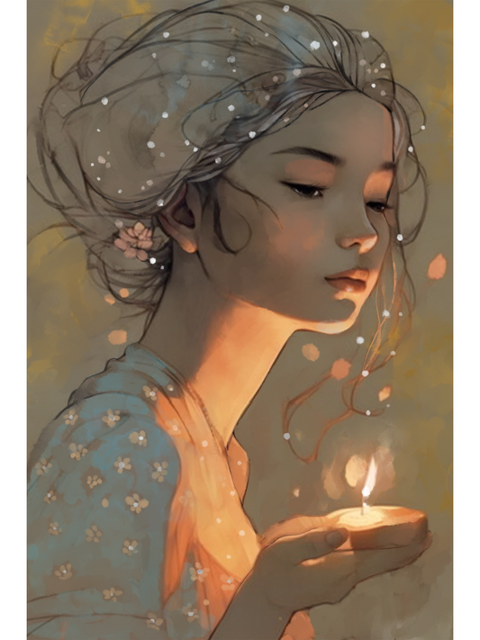 Whimsical painting of a girl with long flowing hair filled with glowing golden stars against a dark, painterly midnight sky.