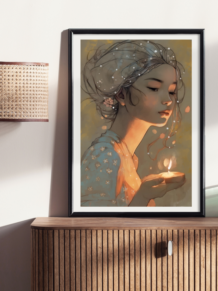 Framed sample of Whimsical painting of a girl with long flowing hair filled with glowing golden stars against a dark, painterly midnight sky.