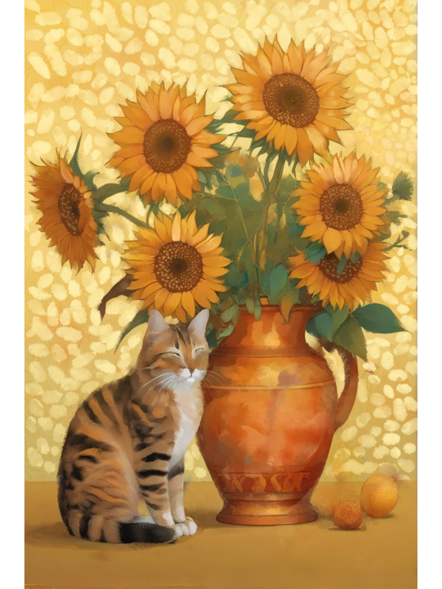 Painterly art of a tabby cat sitting by an orange vase of sunflowers against a textured golden yellow background.