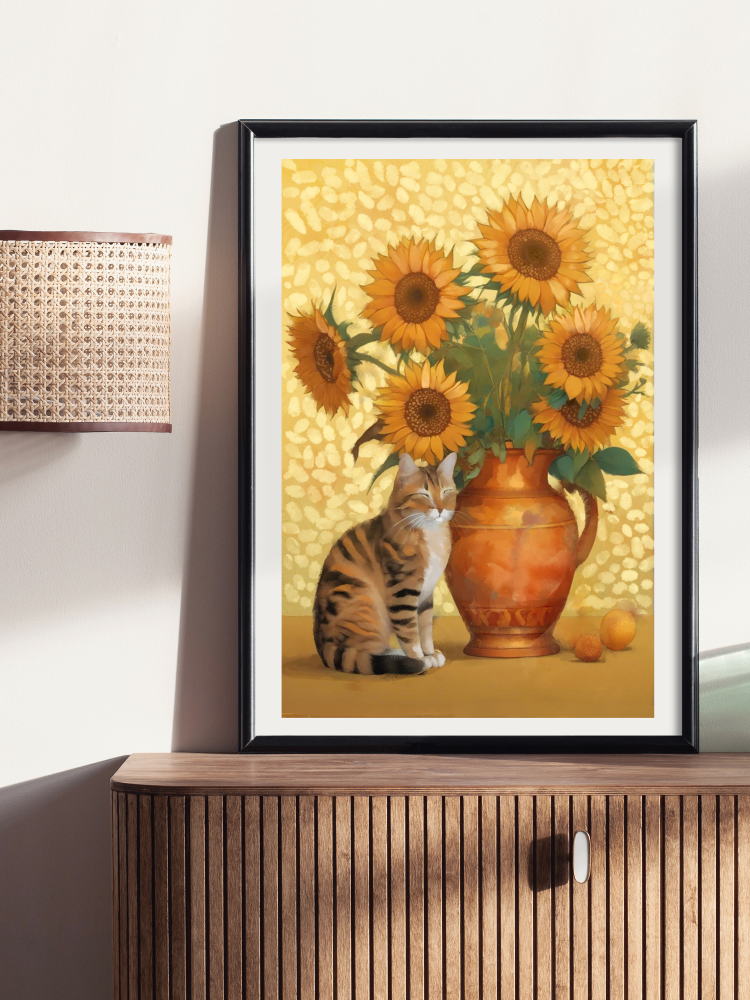 Framed artwork sample of Painterly art of a tabby cat sitting by an orange vase of sunflowers against a textured golden yellow background.