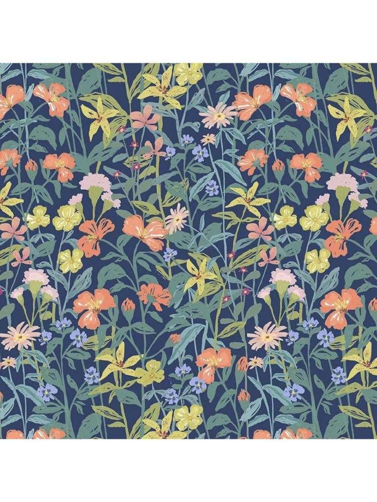 Vibrant watercolor fabric pattern with red, blue, and yellow tropical flowers and green leaves on a white background.