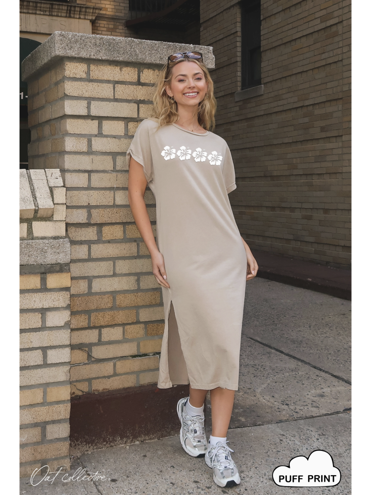 Hibiscus Row Puff Mineral Washed Graphic Dress - by OAT Collective®