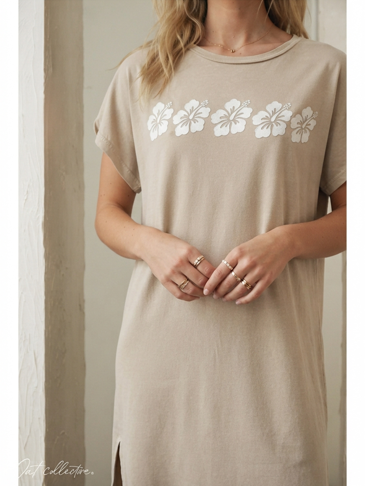 Hibiscus Row Puff Mineral Washed Graphic Dress - by OAT Collective®