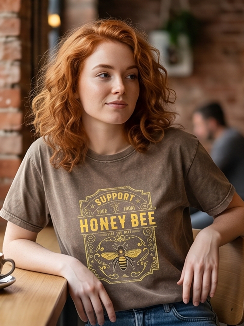 Honeybee Graphic Washed Crewneck Short Sleeve T-Shirt - by Rosa Clothing®