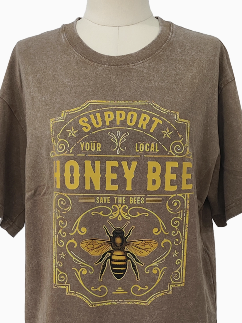 Honeybee Graphic Washed Crewneck Short Sleeve T-Shirt - by Rosa Clothing®