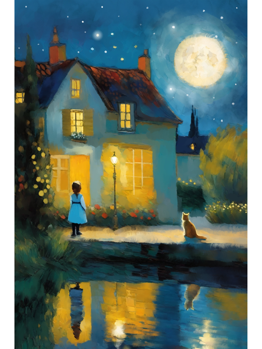 Whimsical art of a girl and cat outside a glowing cottage at night, reflected in a pond under a giant, luminous full moon.