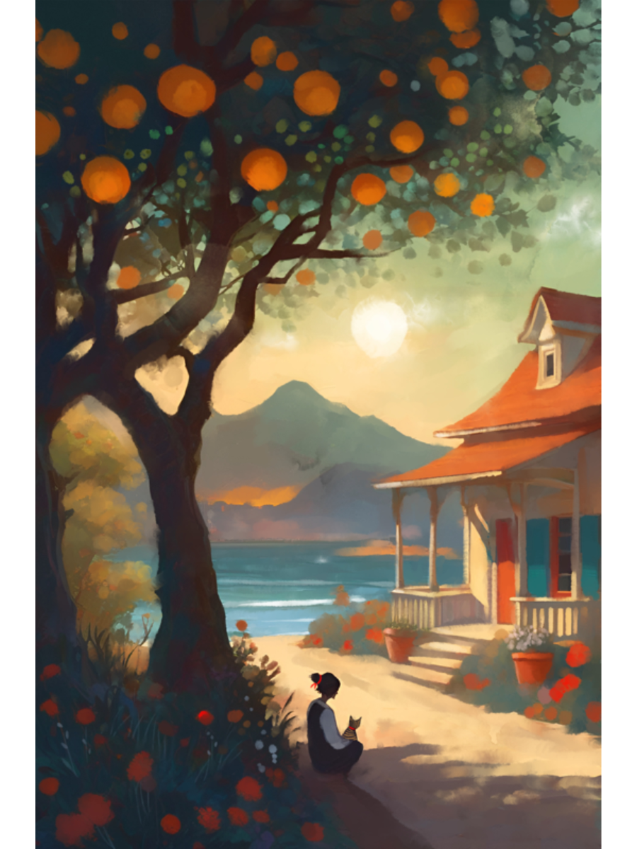 Whimsical painting of a lush orange tree with vibrant citrus fruit and dappled sunlight in a painterly, artisanal style by @thomas.little.design.