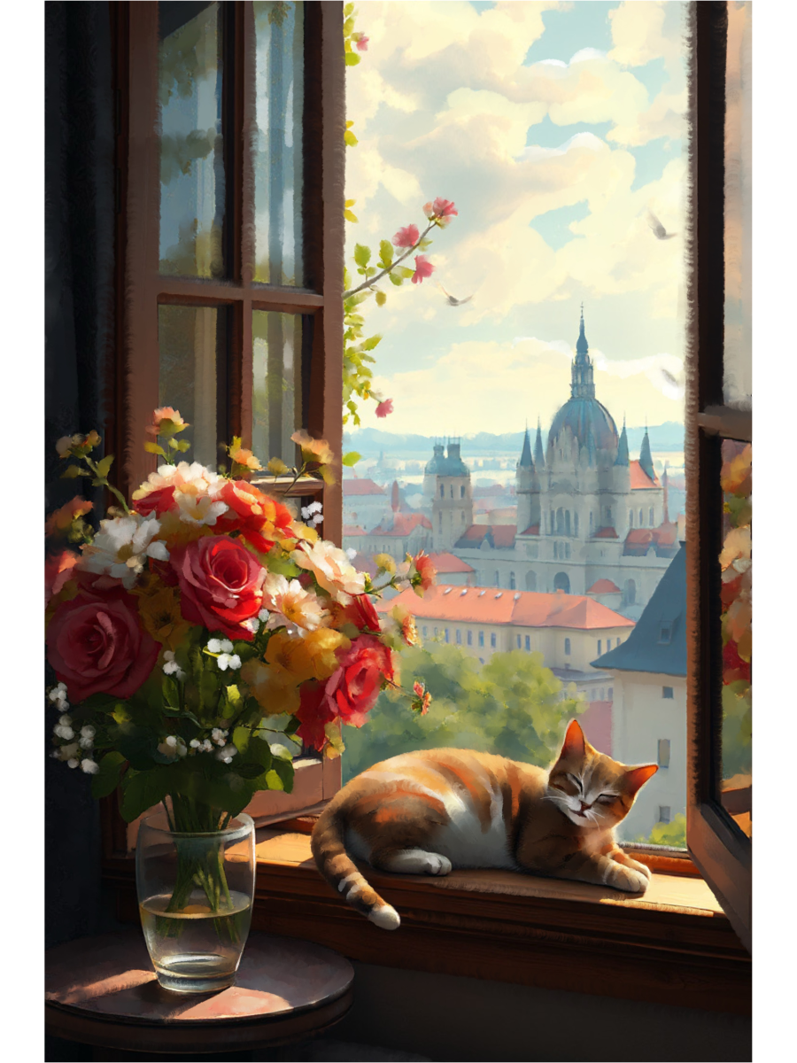 Whimsical art of a tabby cat napping on a window sill next to a vase of roses, with a cathedral and sunny sky in the background.