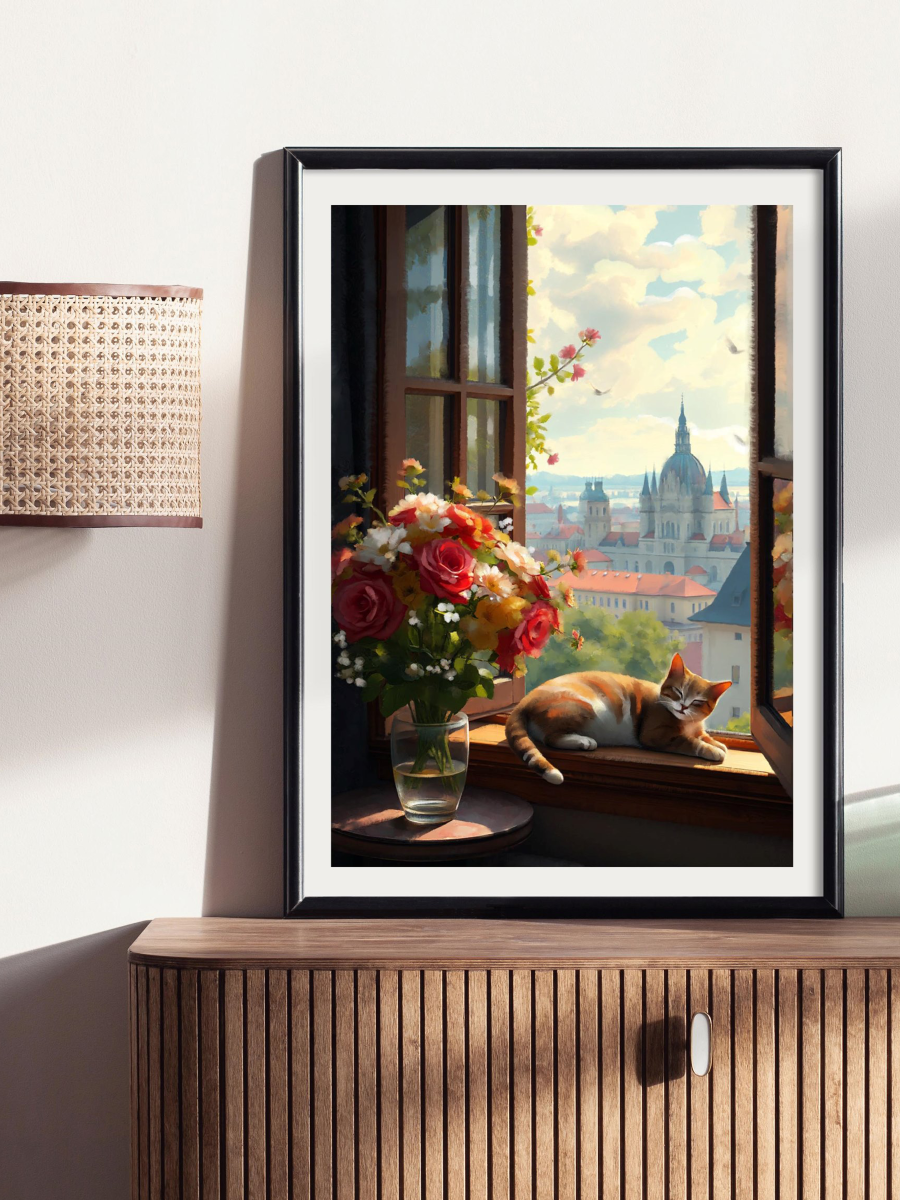 Framed sample of Whimsical art of a tabby cat napping on a window sill next to a vase of roses, with a cathedral and sunny sky in the background.