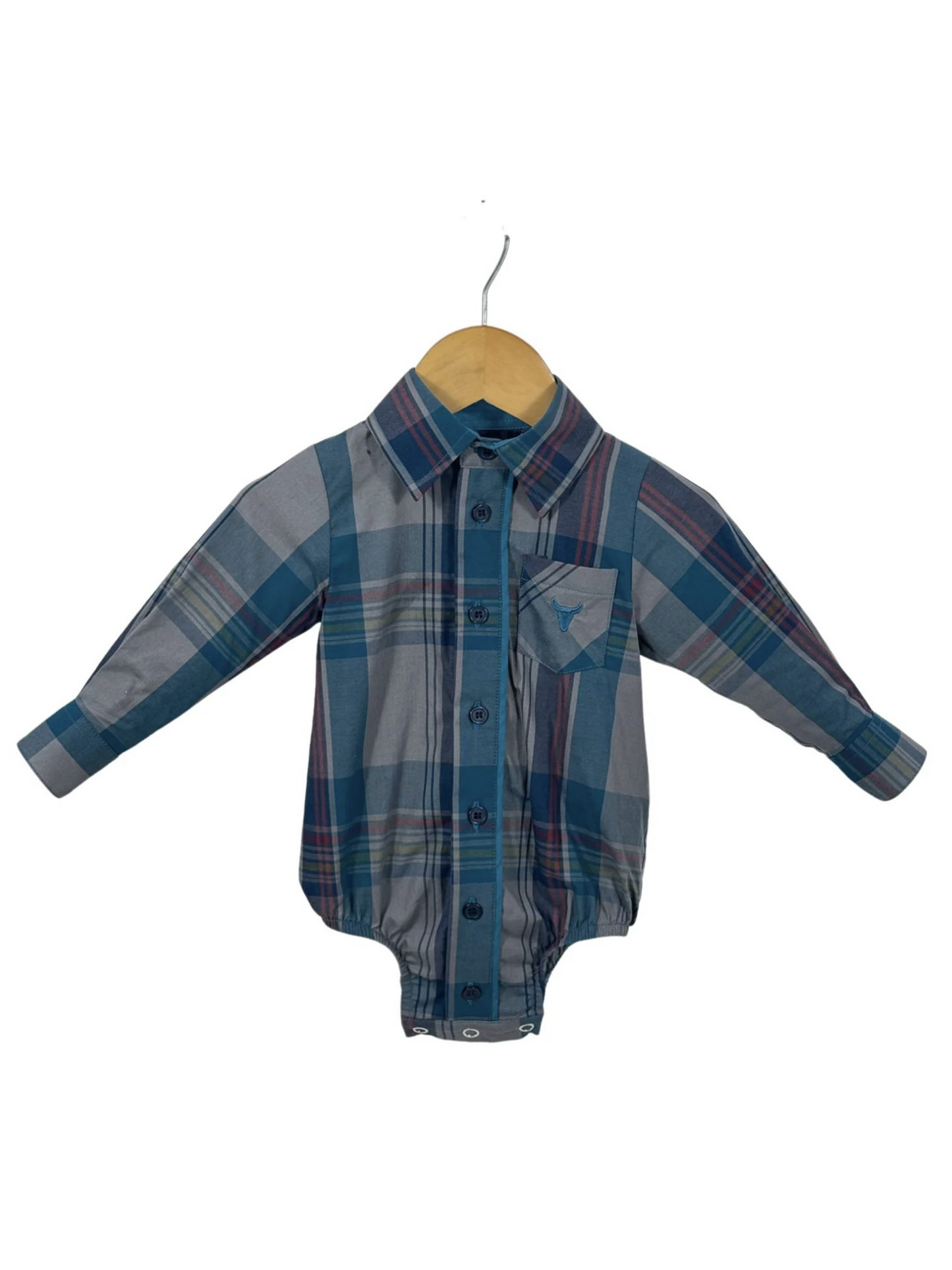 Plaid baby romper on a hanger against a white background