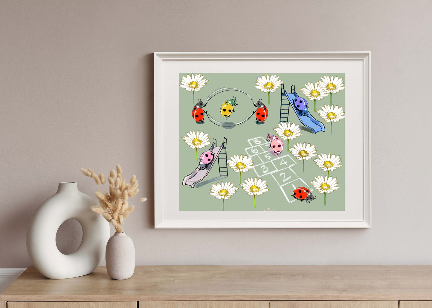 Ladybug Playground Moss - Illustrated Print by Thomas Little