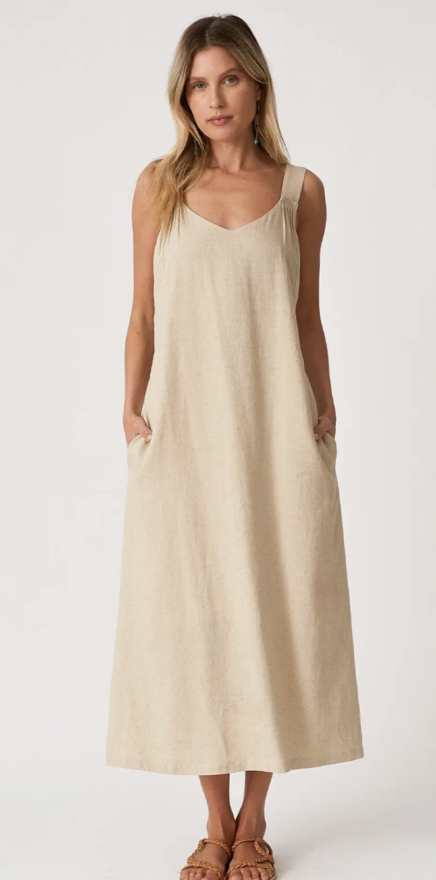 Linen Blend Sleeveless V Neck Midi Dress - by Lovestitch®
