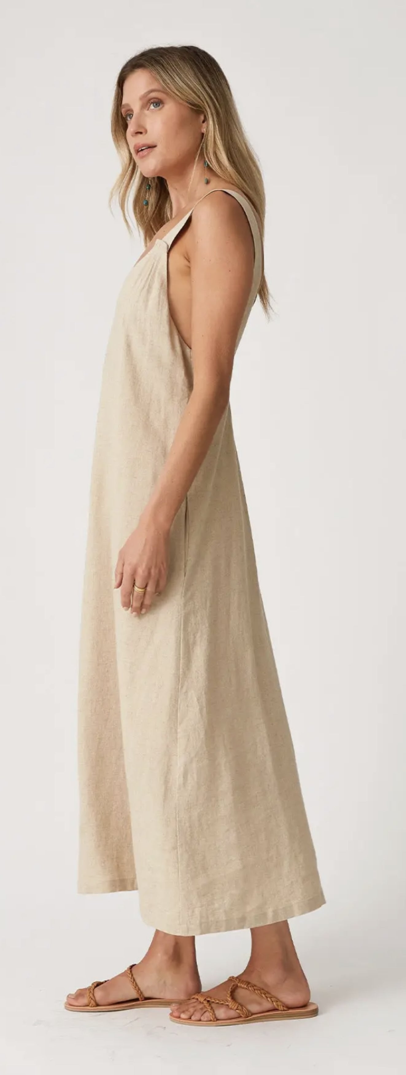 Linen Blend Sleeveless V Neck Midi Dress - by Lovestitch®