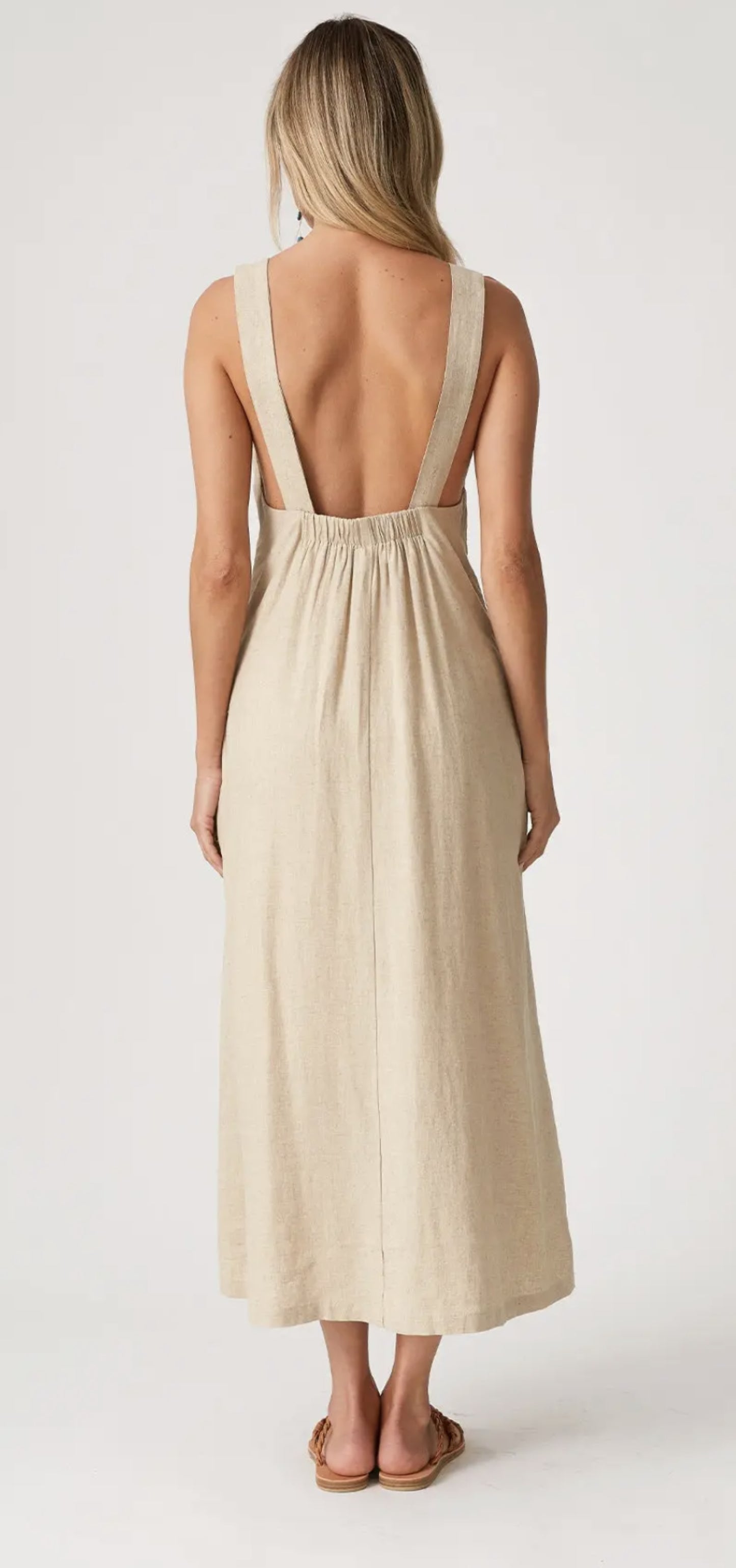 Linen Blend Sleeveless V Neck Midi Dress - by Lovestitch®