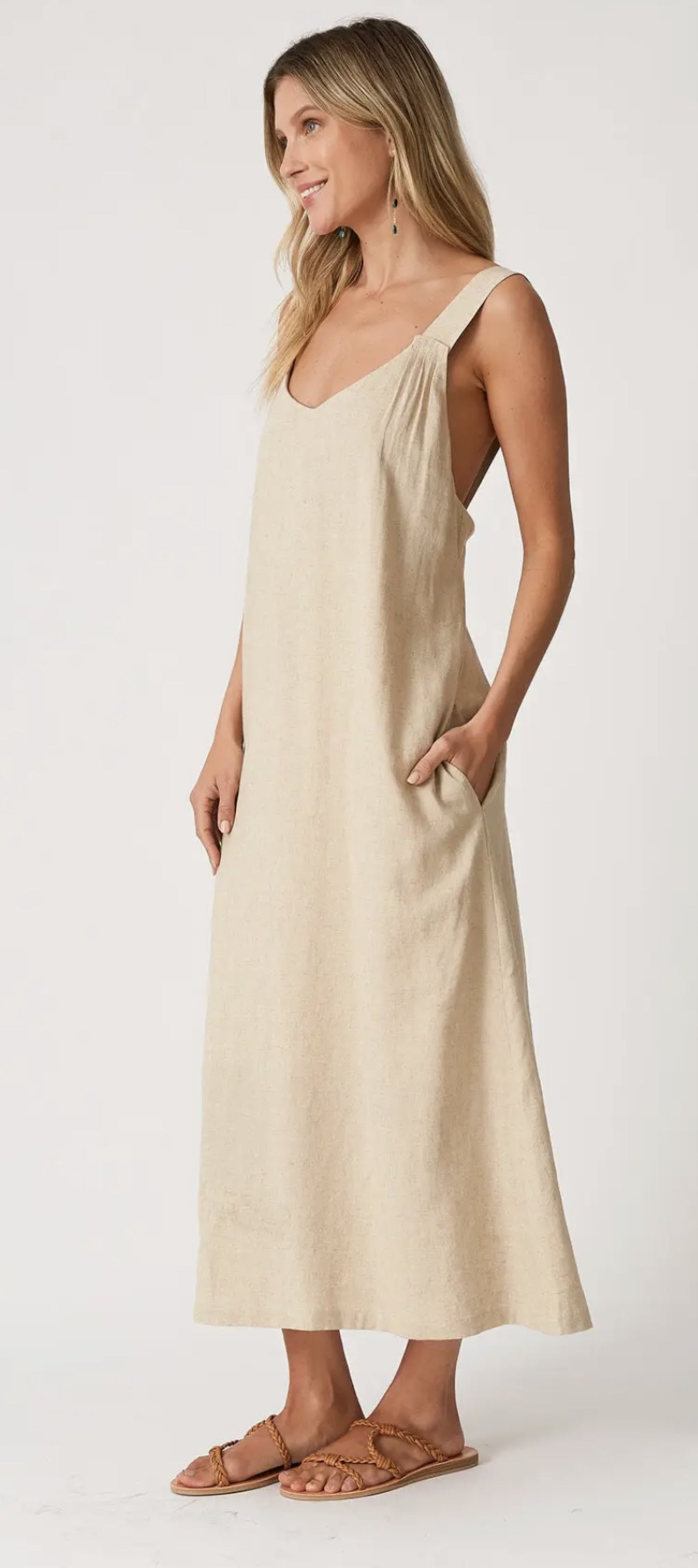 Linen Blend Sleeveless V Neck Midi Dress - by Lovestitch®