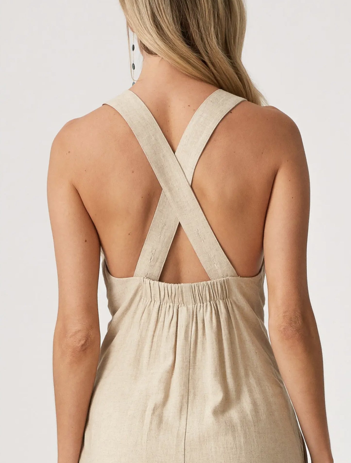 Linen Blend Sleeveless V Neck Midi Dress - by Lovestitch®