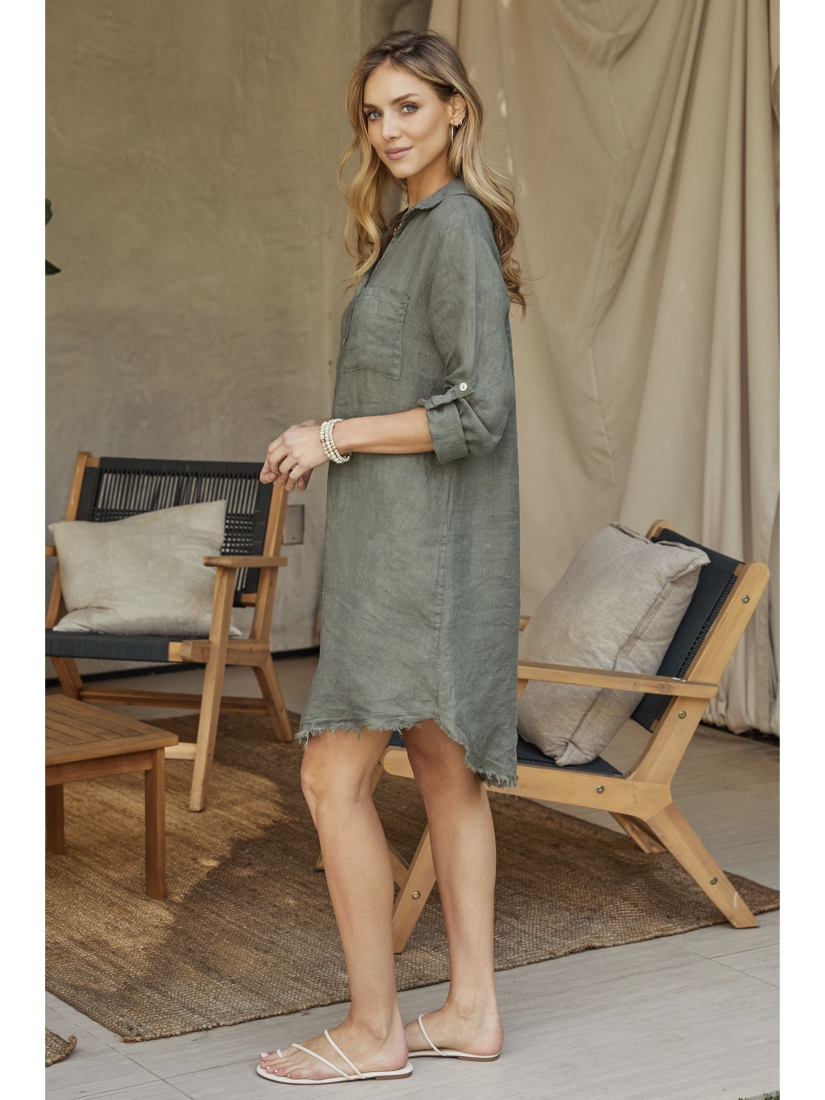 Linen Button Down Mid-Length Dress - by Milio Milano®