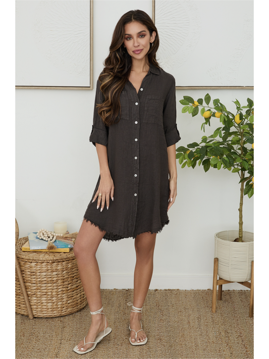 Linen Button Down Mid-Length Dress - by Milio Milano®