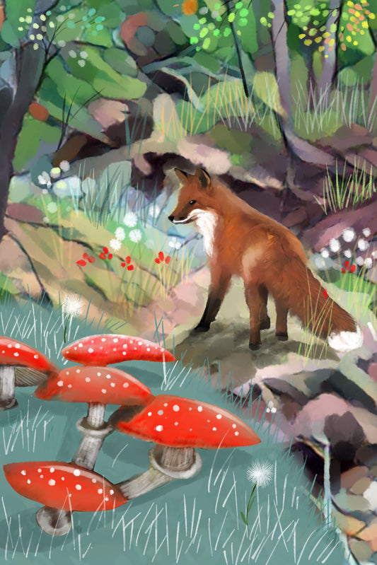 Little Fox and the Red Mushrooms - Illustrated Print by Thomas Little