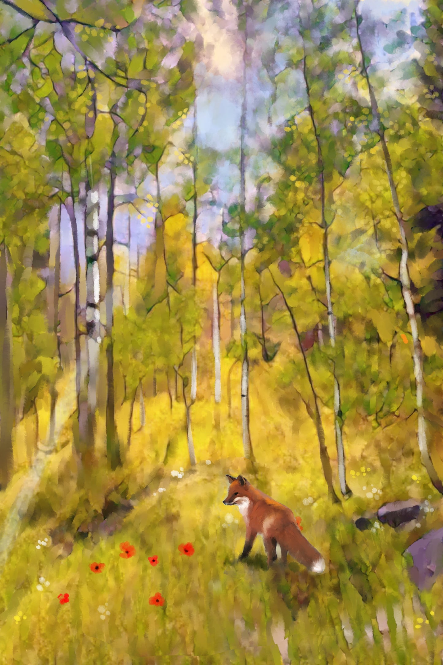 Little Fox in Aspen Forest - Illustrated Print by Thomas Little