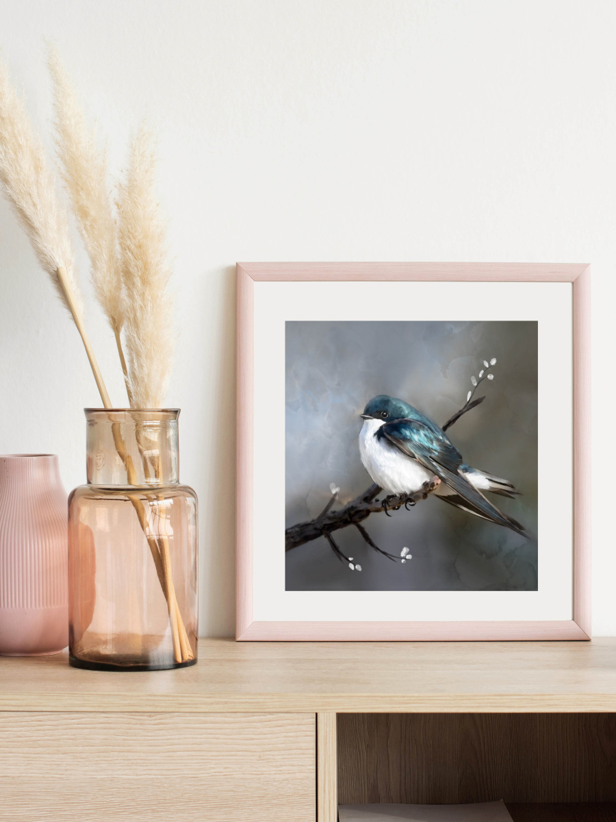 Framed artwork of a bird on a branch with decorative vases and plants on a shelf.