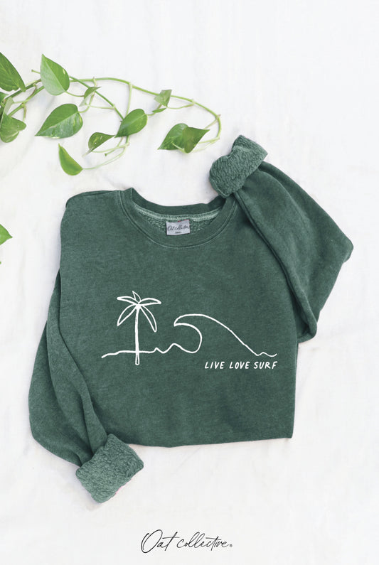 Live Love Surf Mineral Graphic Sweatshirt (Dust Forest color) - by OAT COLLECTIVE