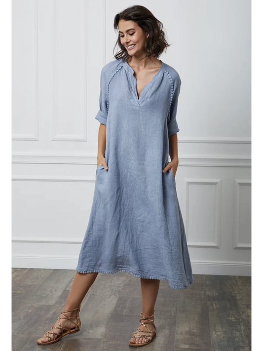Long Dress in 100% Linen (Jeans Blue color) - By LEA & LUC®
