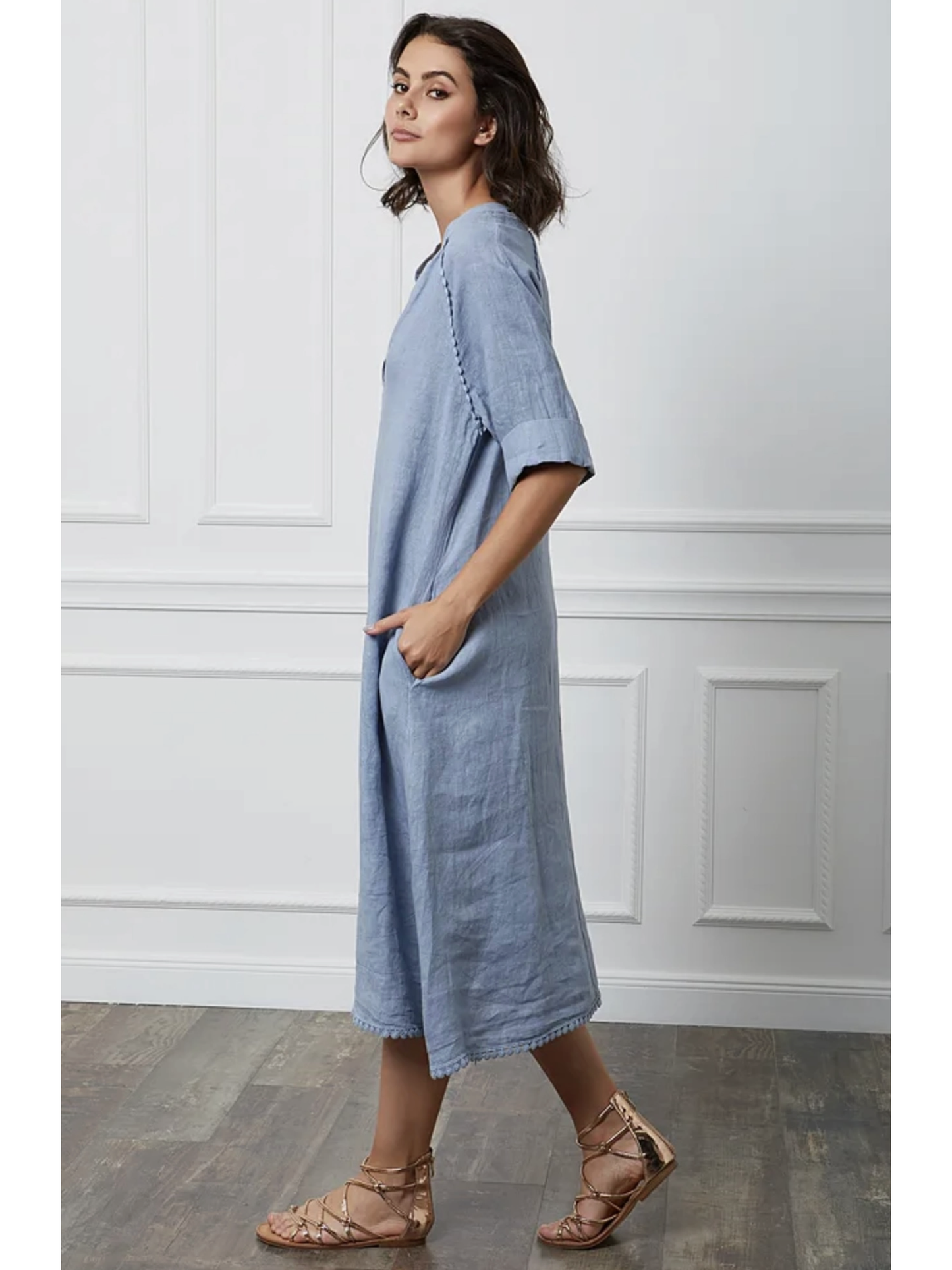 Long Dress in 100% Linen (Jeans Blue color) - By LEA & LUC®