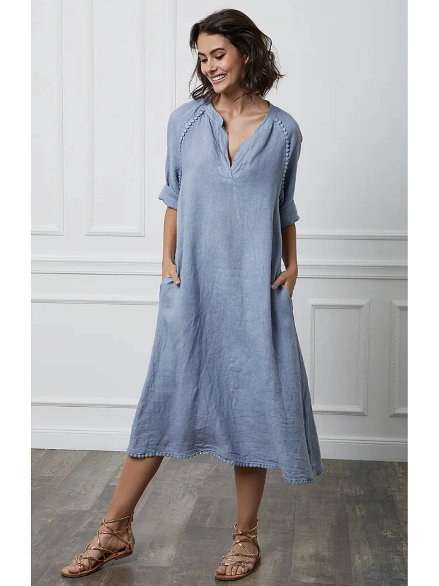 Long Dress in 100% Linen (Jeans Blue color) - By LEA & LUC®