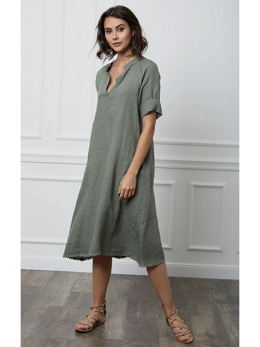 Long Dress in 100% Linen (Jeans Green color) - By LEA & LUC®