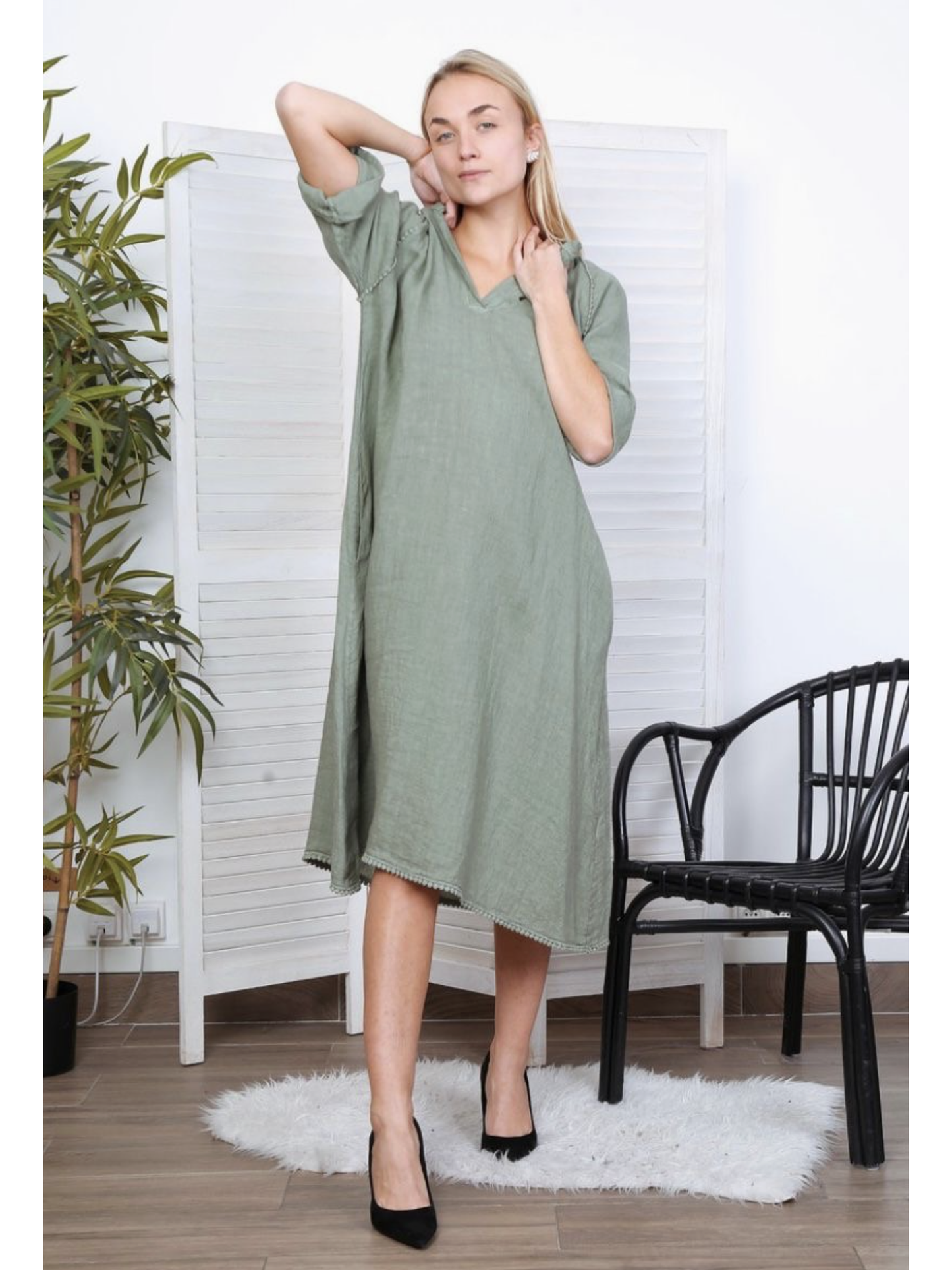 Long Dress in 100% Linen (Jeans Green color) - By LEA & LUC®