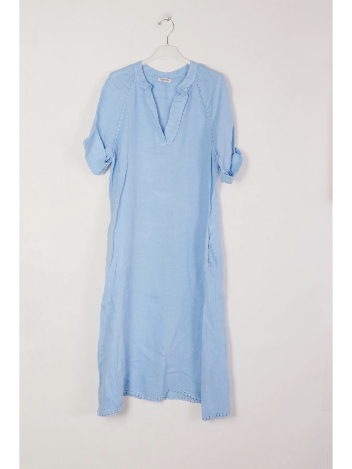 sky blue 100% linen long dress with a V-neck and relaxed fit.