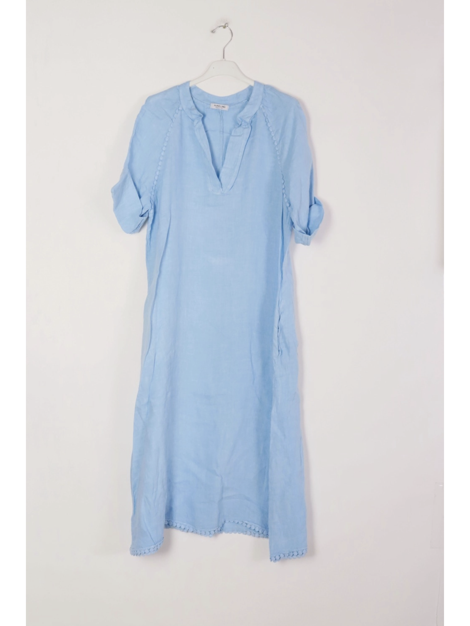 sky blue 100% linen long dress with a V-neck and relaxed fit.