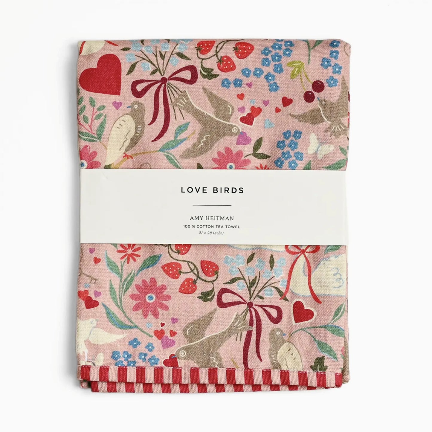 Whimsical watercolor tea towel featuring two small birds perched on a flowering branch with pink blossoms.