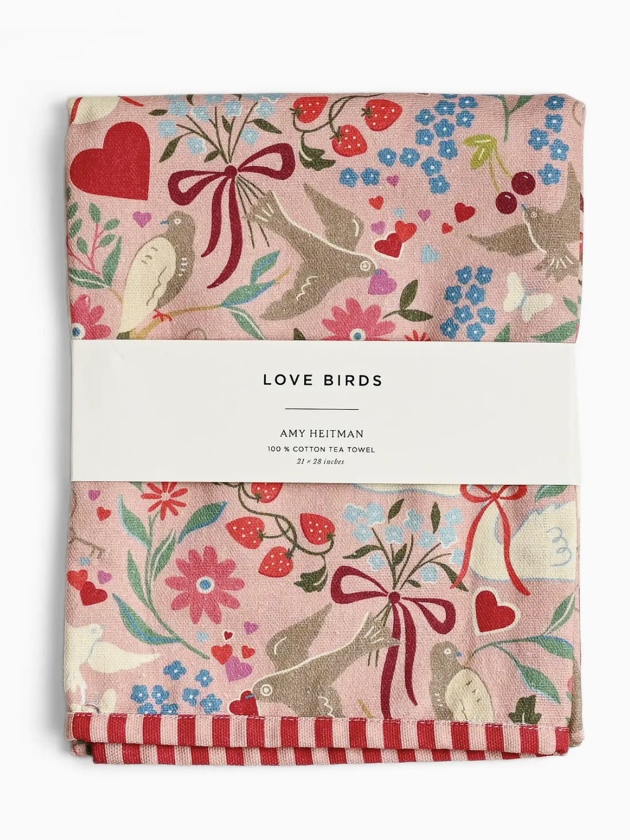 Whimsical watercolor tea towel featuring two small birds perched on a flowering branch with pink blossoms.