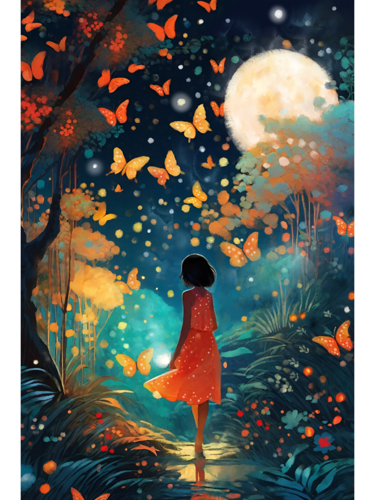 Painting of a girl in a red dress standing in an enchanted forest with glowing orange butterflies and a full moon above.