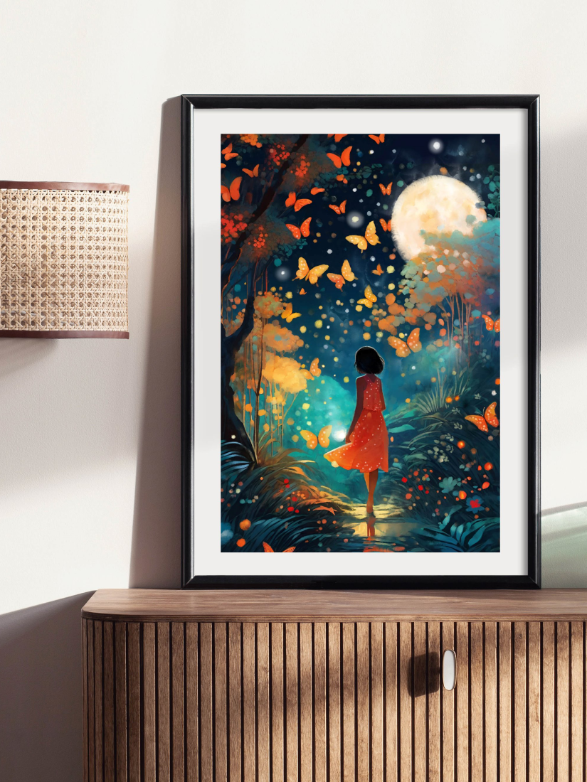 Framed sample for Painting of a girl in a red dress standing in an enchanted forest with glowing orange butterflies and a full moon above.
