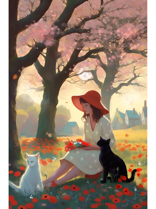 Art print of a woman in a sun hat sitting under pink blossom trees with a white and black cat in a field of red poppies.