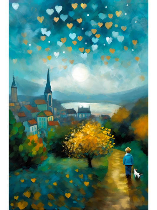 A child in a blue coat and hat walks a black and white puppy through a misty landscape toward a house with glowing windows at twilight.