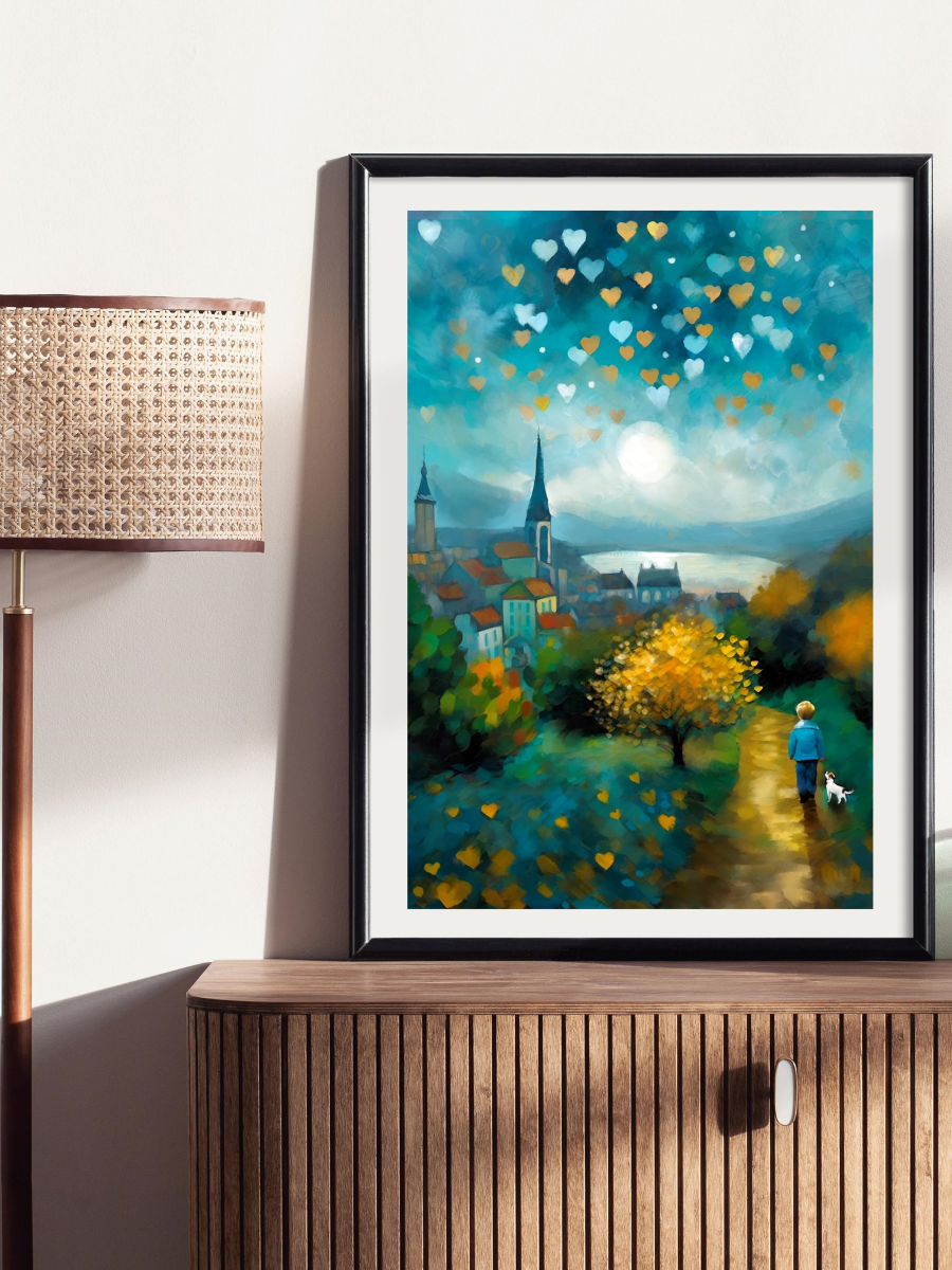 Mockup of a framed print of A child in a blue coat and hat walks a black and white puppy through a misty landscape toward a house with glowing windows at twilight.