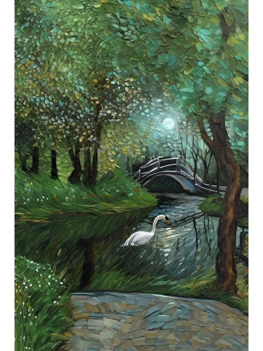 Painting of a swan on a pond with a bridge and trees in the background