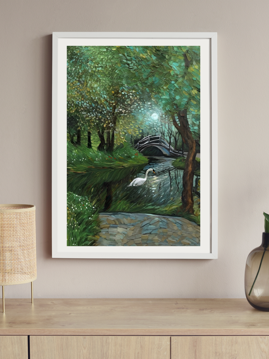 Framed painting of a serene landscape with trees and a swan on a lake, displayed on a wall above a wooden shelf.