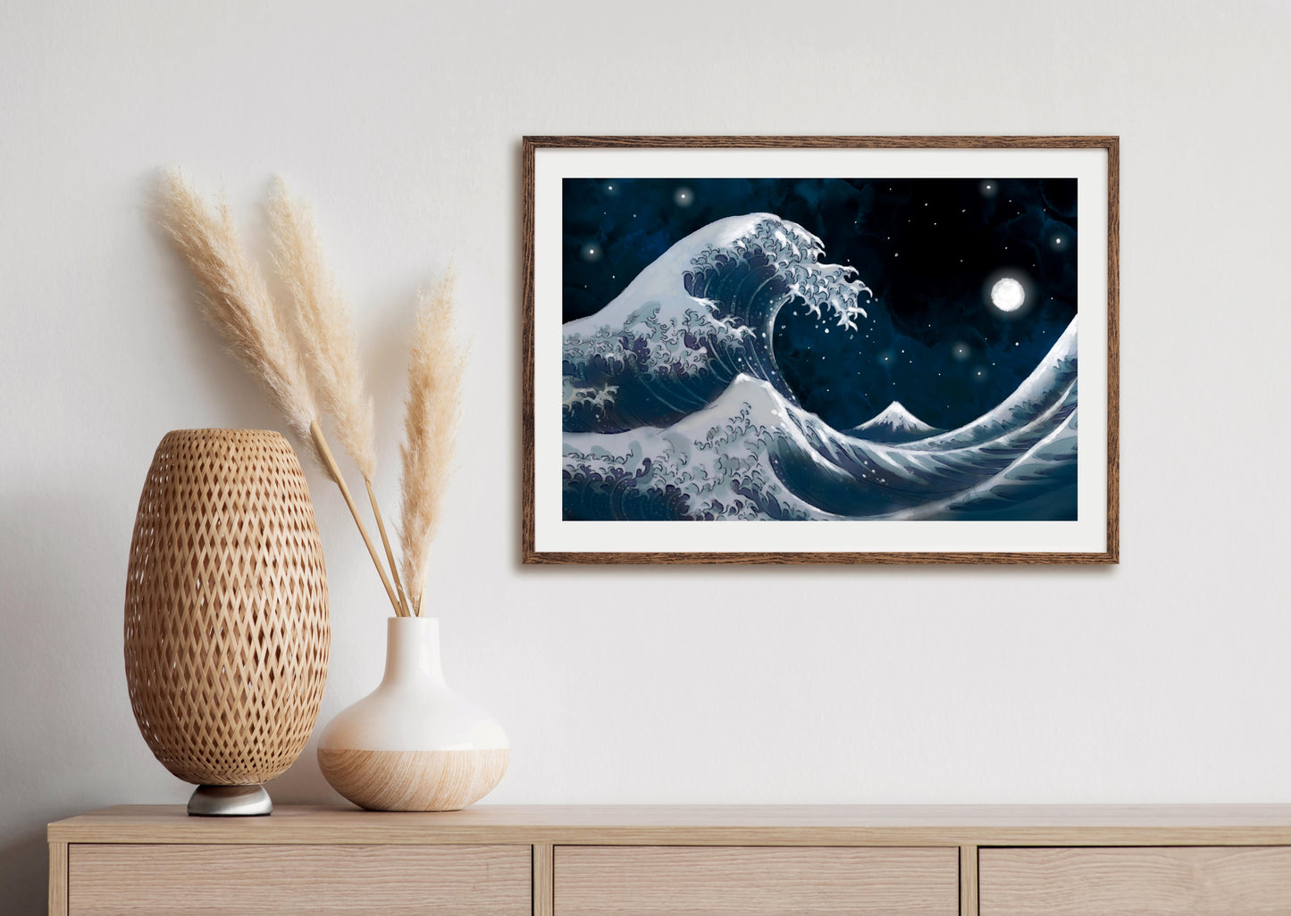 Midnight and The Great Wave - Illustrated Print by Thomas Little