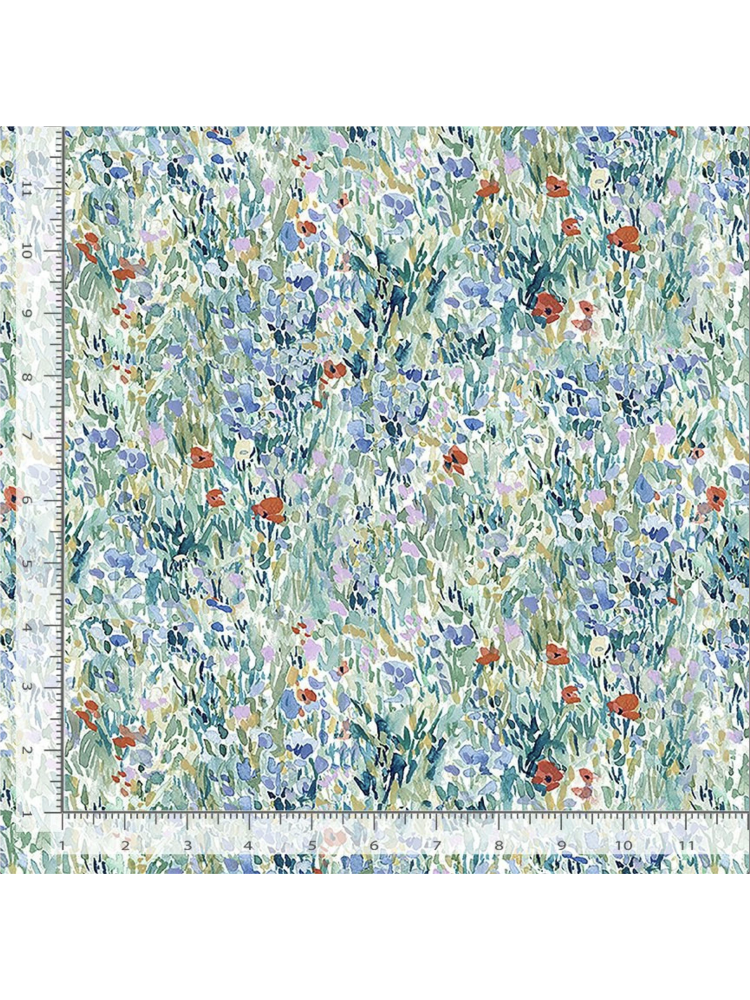 Impressionistic fabric pattern with soft blue, purple, and green brushstrokes and small red flowers resembling a watercolor garden, rulers added for reference.
