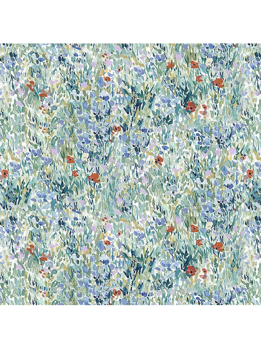 Impressionistic fabric pattern with soft blue, purple, and green brushstrokes and small red flowers resembling a watercolor garden.