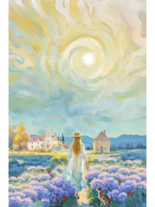 Impressionist painting of a blooming purple lavender field leading to a stone farmhouse under a bright blue sky with soft, sun-dappled textures.