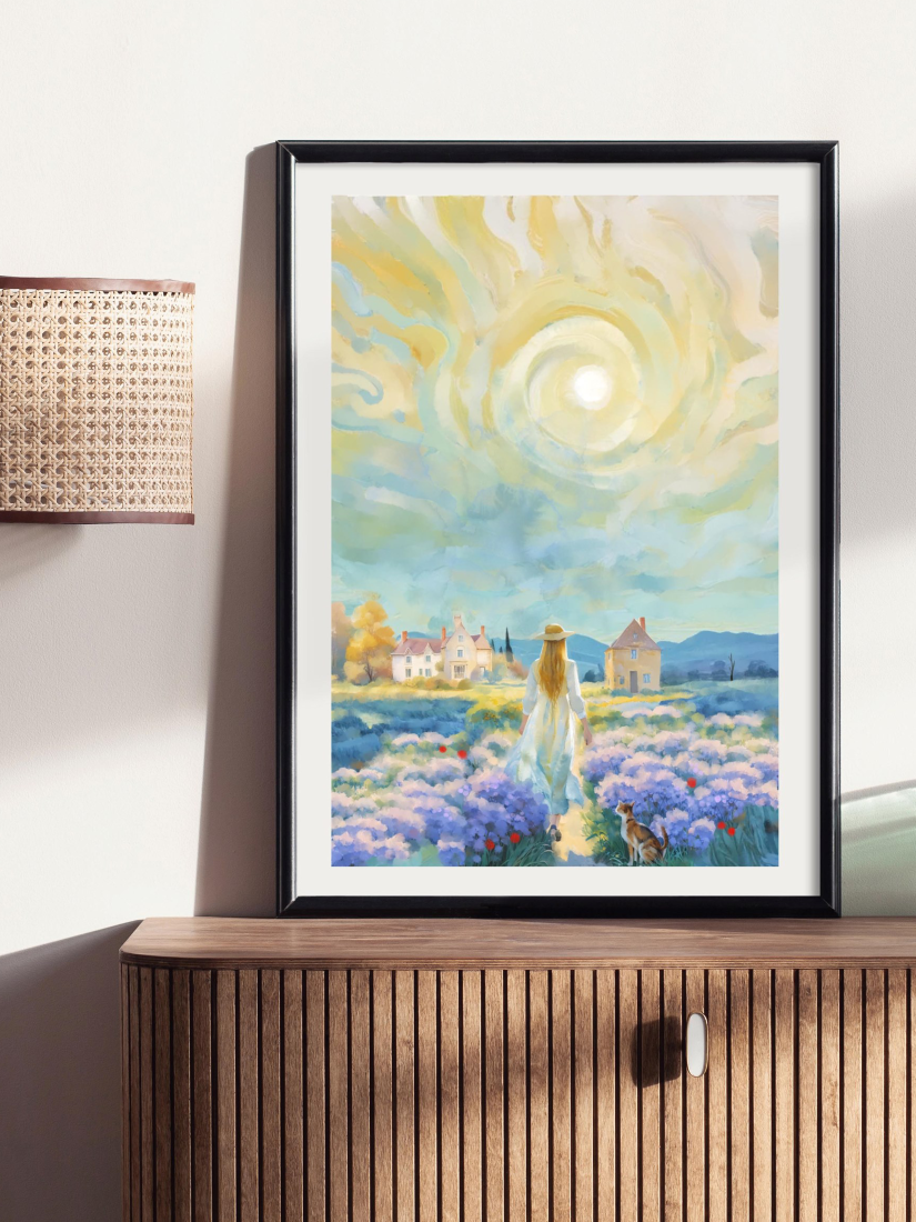 Framed mockup sample of Impressionist painting of a blooming purple lavender field leading to a stone farmhouse under a bright blue sky with soft, sun-dappled textures.