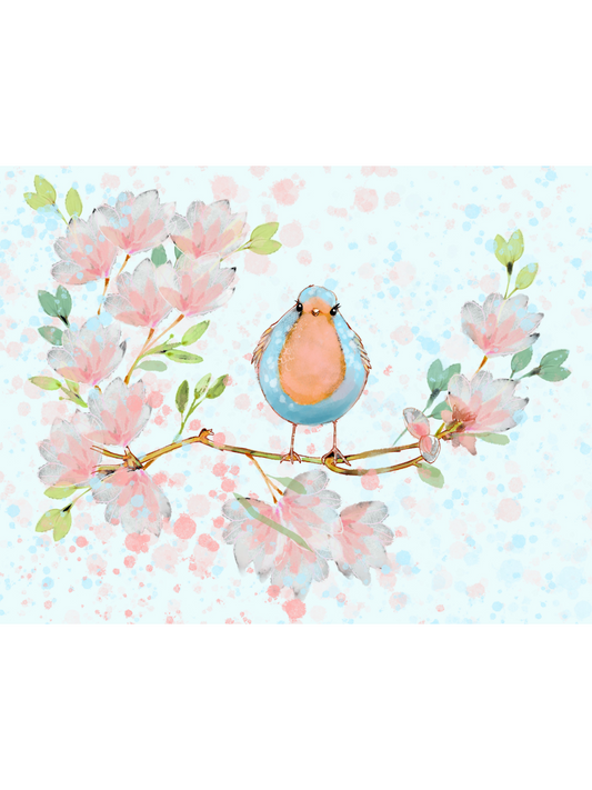 Illustration of a bird on a branch with pink flowers and green leaves on a light blue background